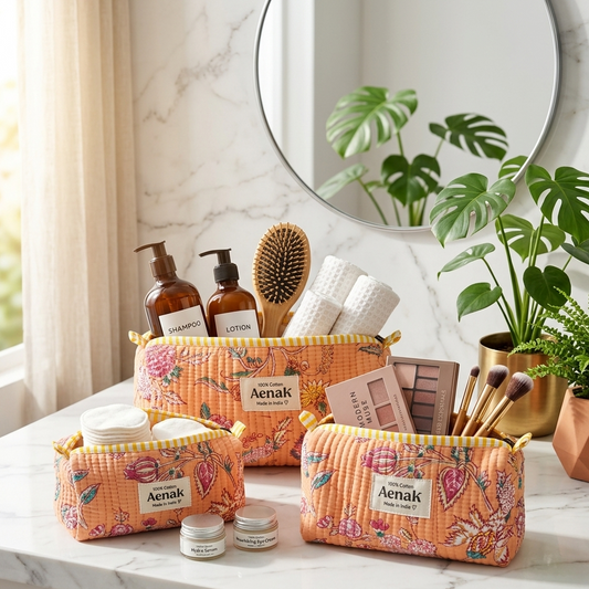 Orange Floral Garden Quilted Vanity Pouches-Set of 3