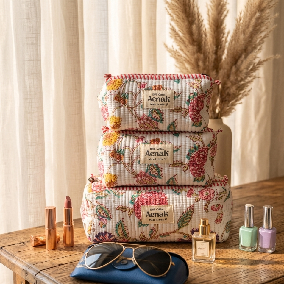 Purple & Pink Floral Garden Quilted Vanity Pouches-Set of 3