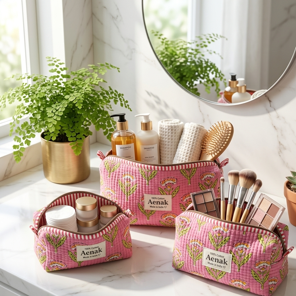 Pink Floral Garden Quilted Vanity Pouches-Set of 3