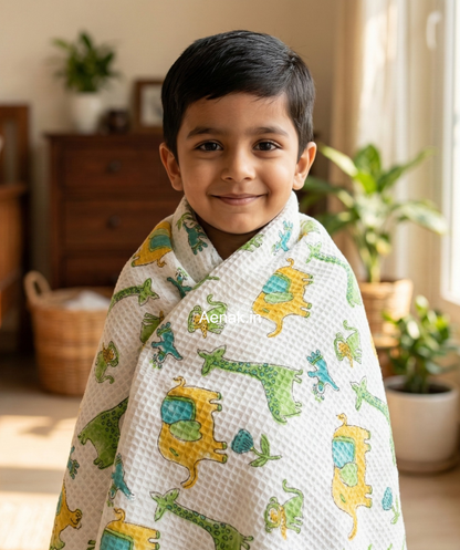 Yellow Elephant Green Giraffe Handblock Waffle Cotton Bathing Towel