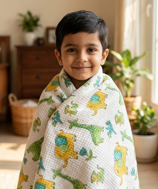 Yellow Elephant Green Giraffe Handblock Waffle Cotton Bathing Towel