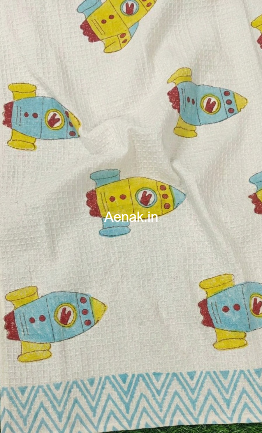 Yellow & Blue Rocket Handblock Waffle Cotton Bathing Towel