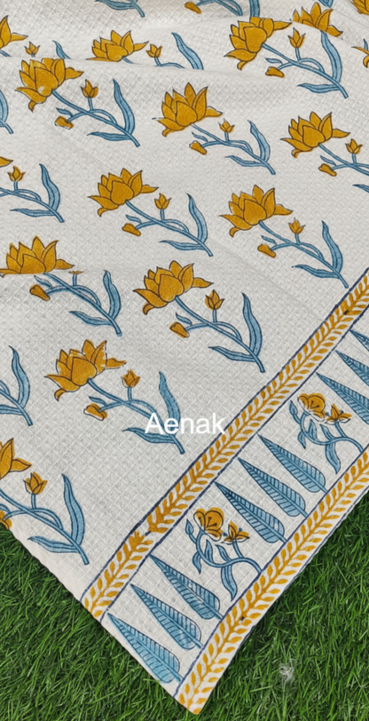 Yellow Lotus Handblock Waffle Cotton Towel