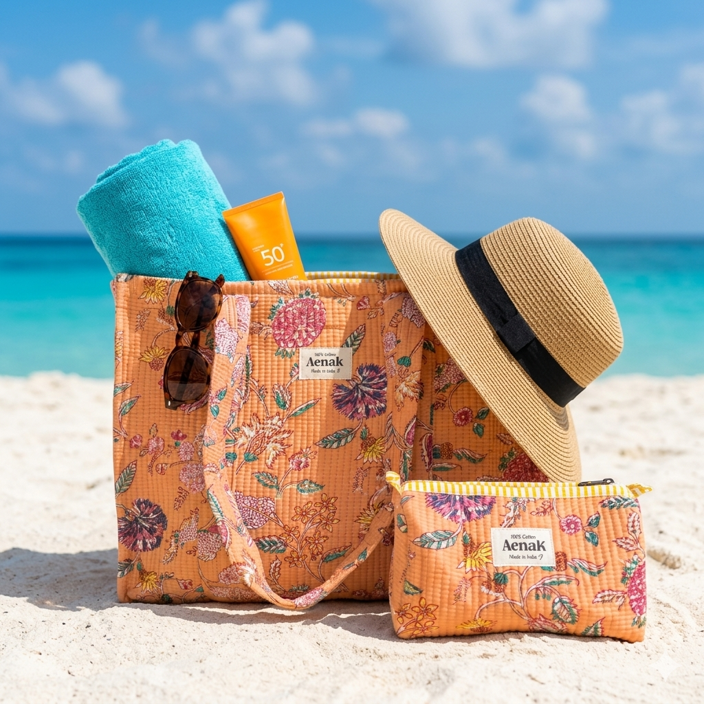 Orange Floral Garden Quilted Cotton Travel Bag + Vanity Pouch