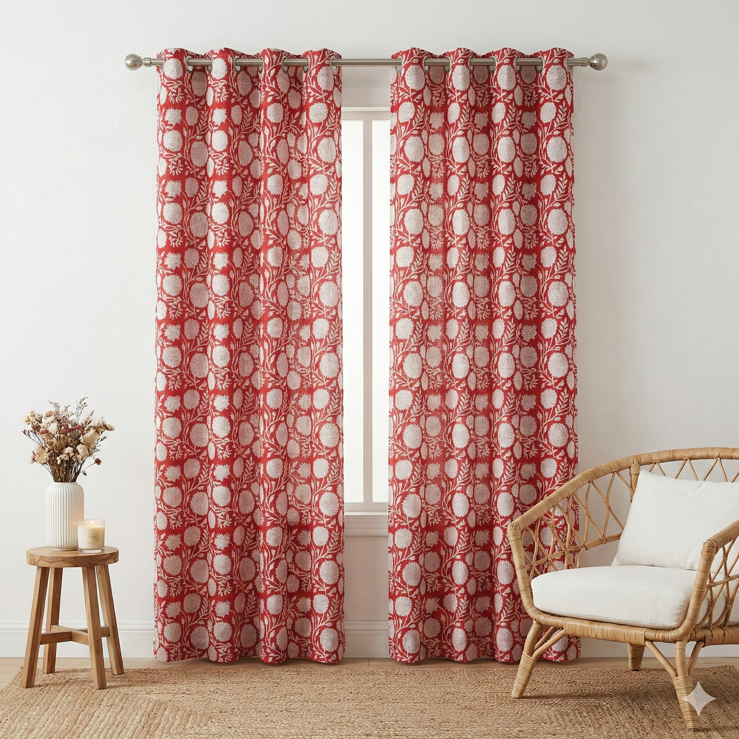 Red Floral Garden Handblock Curtains
