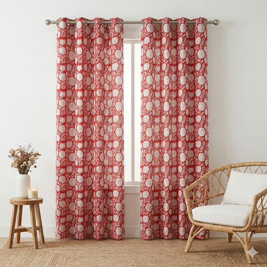 Red Floral Garden Handblock Curtains