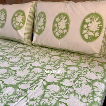 White and green 300 TC premium cotton bedsheet with handblock prints by Aenak