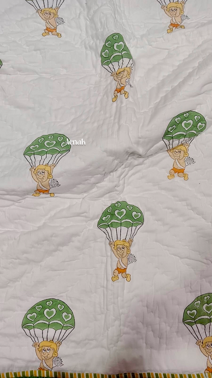 Green Air Balloon Handblock Printed Reversible Mulmul Cotton Blanket