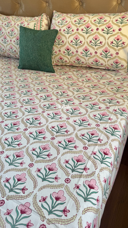 Pink & Green Cotton Bud Handblock Printed Premium Cotton Bedsheet Set