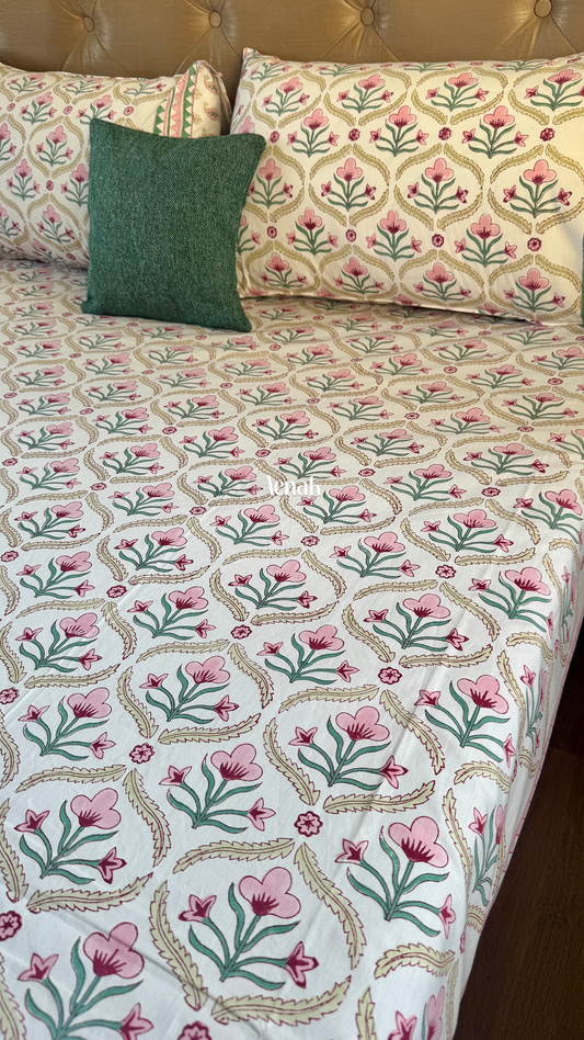 Pink & Green Cotton Bud Handblock Printed Premium Cotton Bedsheet Set