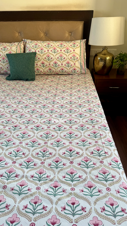 Pink & Green Cotton Bud Handblock Printed Premium Cotton Bedsheet Set