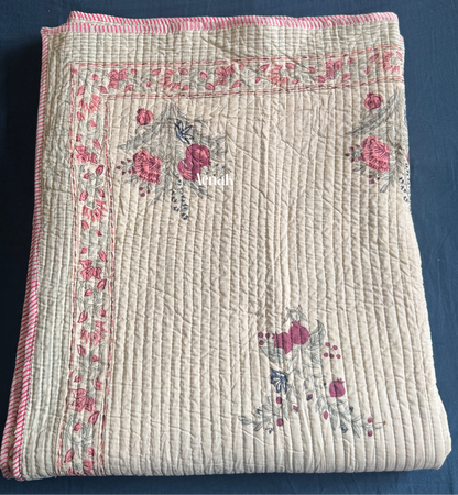 Burgundy Anaar Handblock Printed Reversible Straight Quilted Bedcover Set (Beige Base)