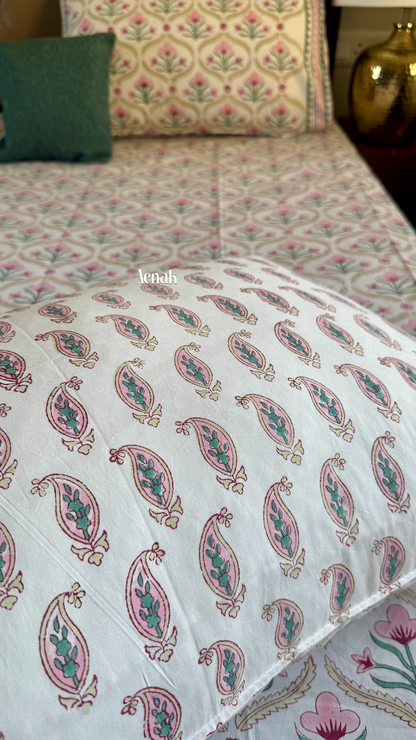 Pink & Green Cotton Bud Handblock Printed Premium Cotton Bedsheet Set