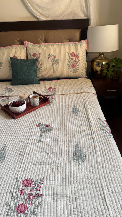 Green Ashoka Handblock Printed Reversible Straight Quilted Bedcover Set (Beige Base)