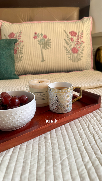 Green Ashoka Handblock Bedsheet + Straight Quilted Bedcover Combo (Beige Base)