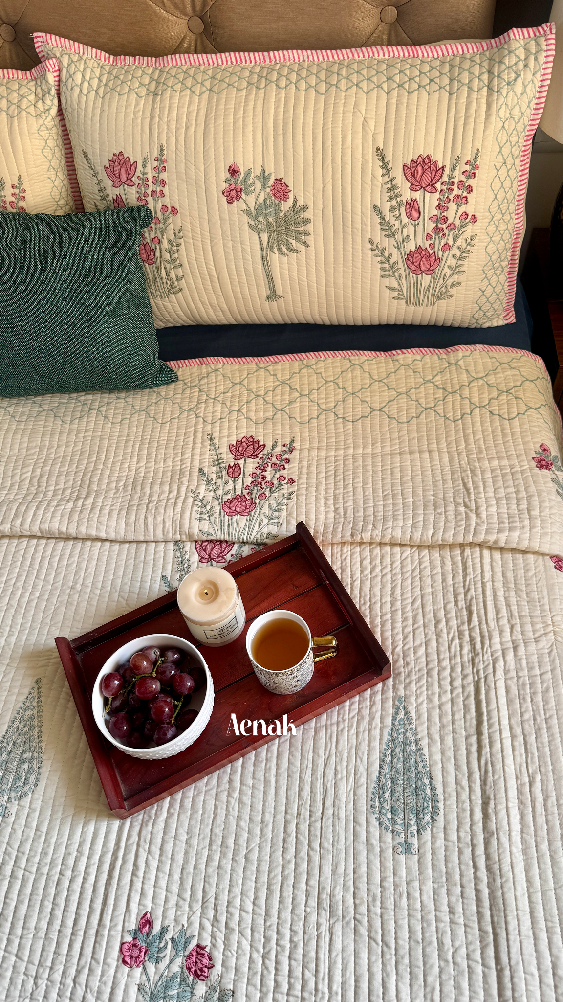 Green Ashoka Handblock Bedsheet + Straight Quilted Bedcover Combo (Beige Base)