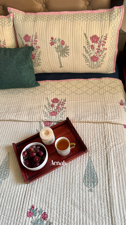 Green Ashoka Handblock Bedsheet + Straight Quilted Bedcover Combo (Beige Base)