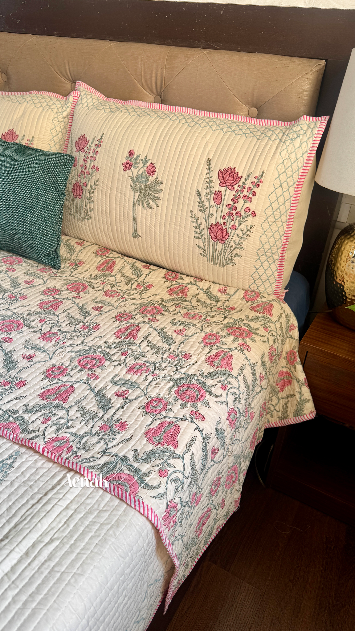 Green Ashoka Handblock Bedsheet + Straight Quilted Bedcover Combo (Beige Base)