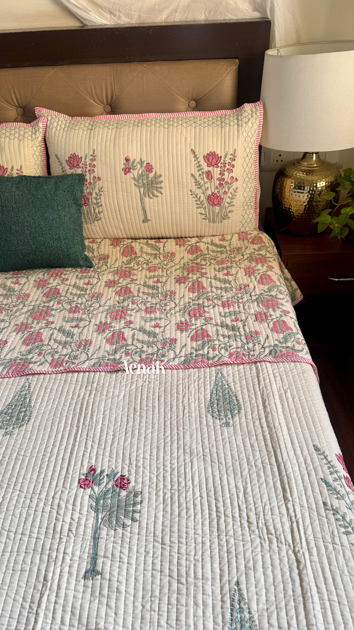 Green Ashoka Handblock Bedsheet + Straight Quilted Bedcover Combo (Beige Base)