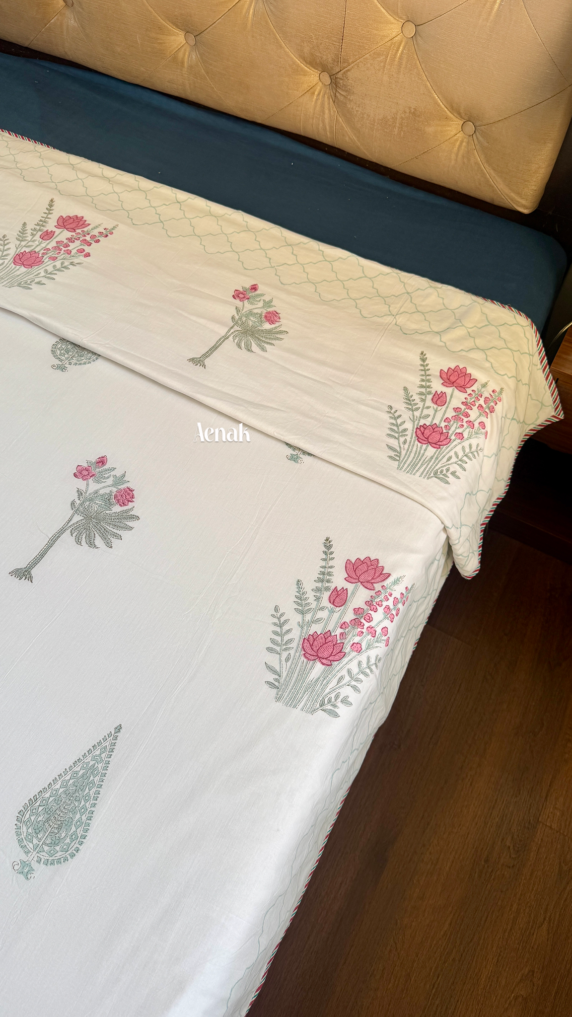 Green Ashoka Handblock Printed Mulmul Cotton Reversible Dohar