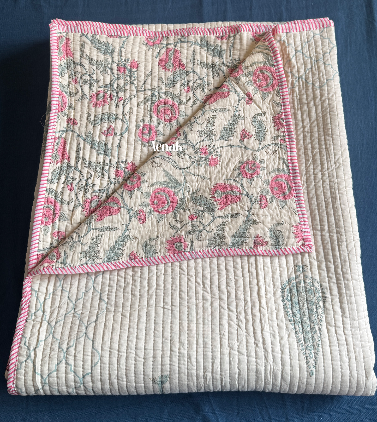 Green Ashoka Handblock Bedsheet + Straight Quilted Bedcover Combo (Beige Base)