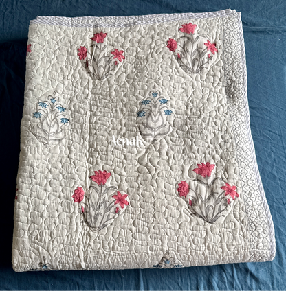 Red & Blue Jaal Handblock Printed Reversible Quilted Comforter/Bedcover Set
