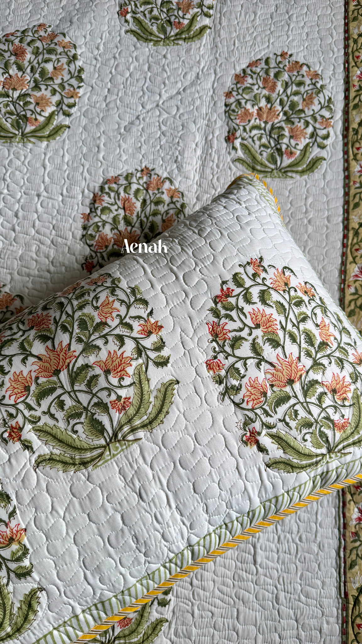 Yellow Phool Boota Handblock Printed Reversible Quilted Bedcover