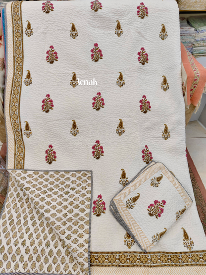 Pink & Brown Floral Handblock Printed Reversible Quilted Cotton Bedcover- 105x108