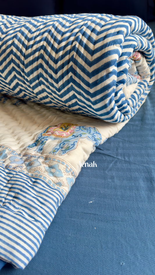 Blue Chevron Elephant Bedsheet + Quilt Combo