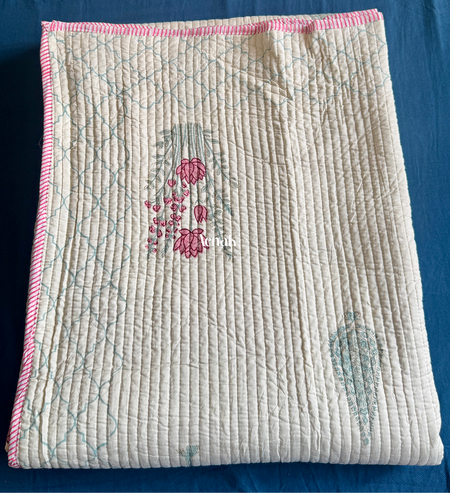 Green Ashoka Handblock Bedsheet + Straight Quilted Bedcover Combo (Beige Base)