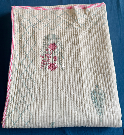 Green Ashoka Handblock Bedsheet + Straight Quilted Bedcover Combo (Beige Base)