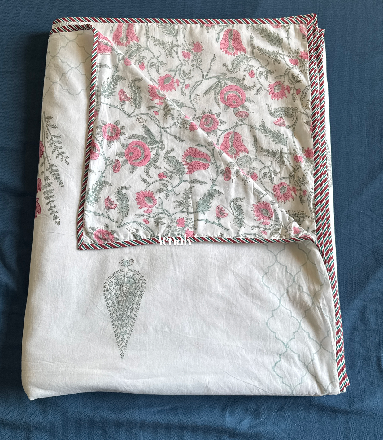 Green Ashoka Handblock Printed Mulmul Cotton Reversible Dohar