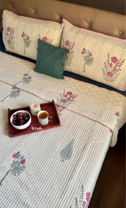 Green Ashoka Handblock Bedsheet + Straight Quilted Bedcover Combo (Beige Base)