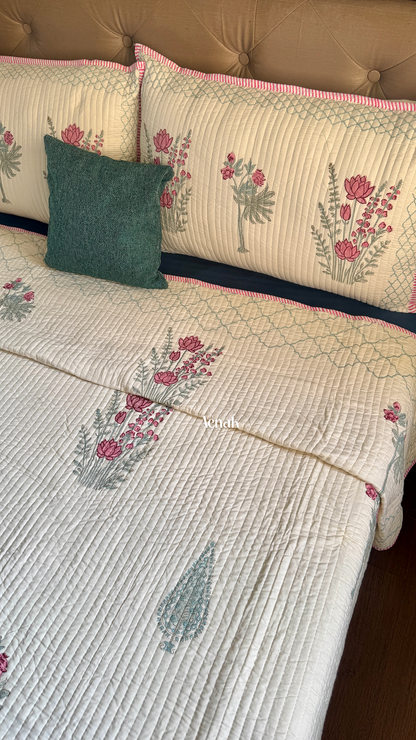 Green Ashoka Handblock Printed Reversible Straight Quilted Bedcover Set (Beige Base)
