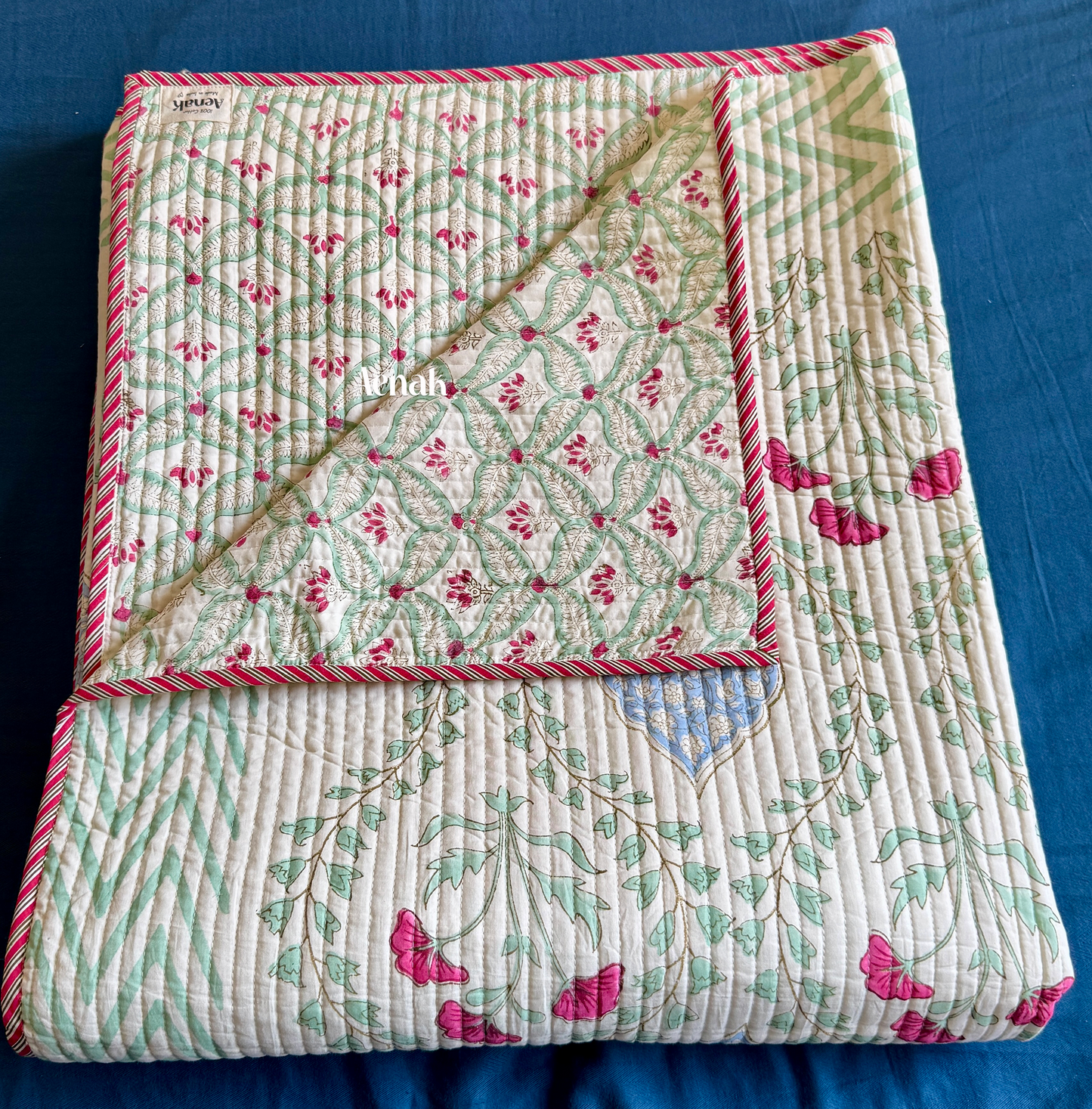 Pink Poppy Handblock Bedsheet + Quilted Bedcover Combo Set (Light Beige Base)