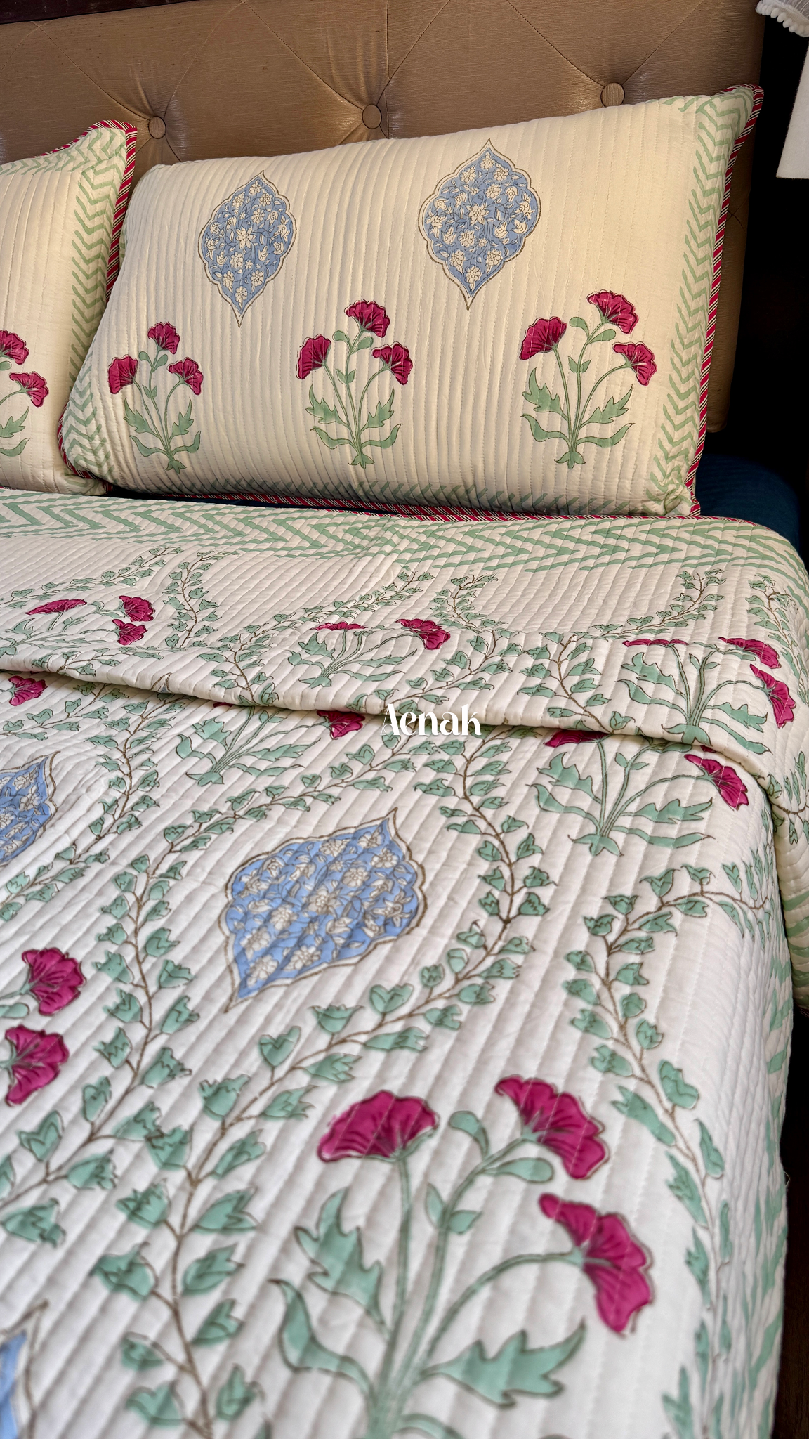 Pink Poppy Handblock Bedsheet + Quilted Bedcover Combo Set (Light Beige Base)