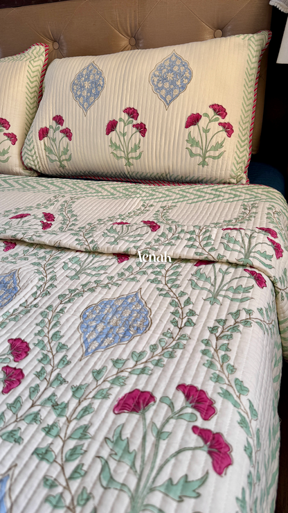 Pink Poppy Handblock Bedsheet + Quilted Bedcover Combo Set (Light Beige Base)