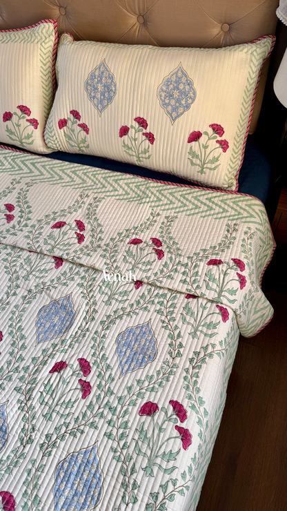 Pink Poppy Handblock Bedsheet + Quilted Bedcover Combo Set (Light Beige Base)