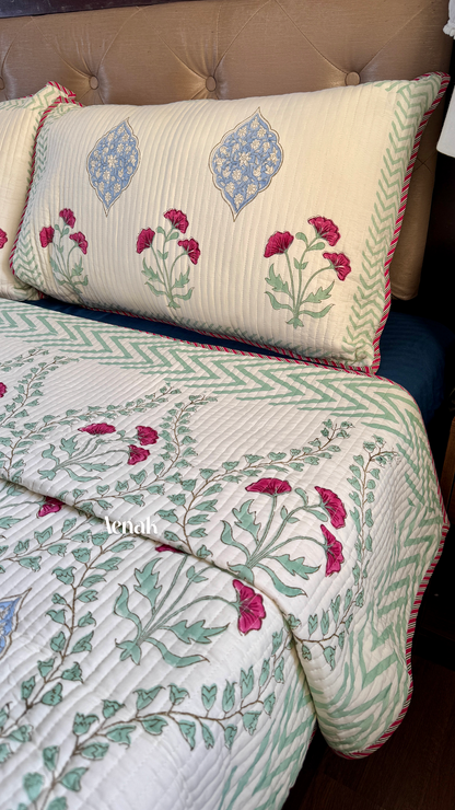 Pink Poppy Handblock Bedsheet + Quilted Bedcover Combo Set (Light Beige Base)