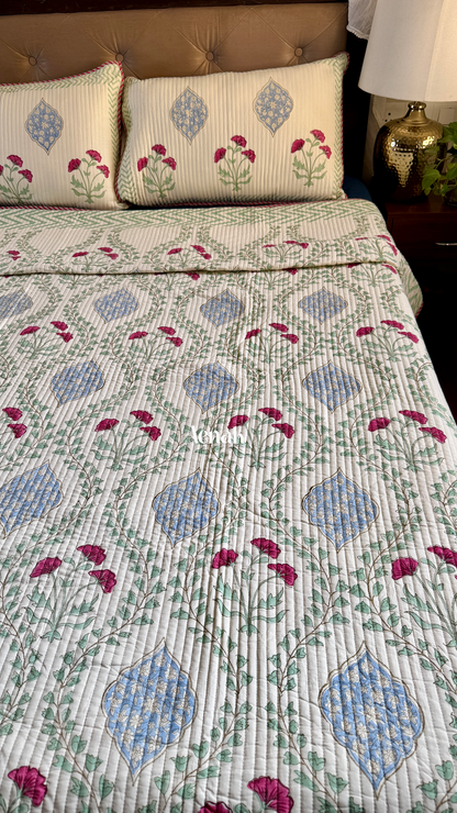 Pink Poppy Handblock Bedsheet + Quilted Bedcover Combo Set (Light Beige Base)