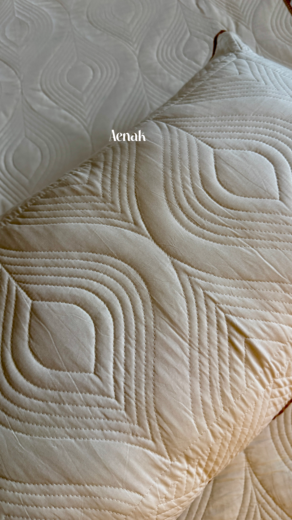 White Embossed Leaf Quilted Bedcover with Brown Lace