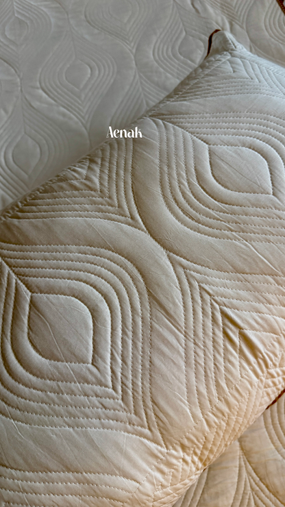 White Embossed Leaf Quilted Bedcover with Brown Lace