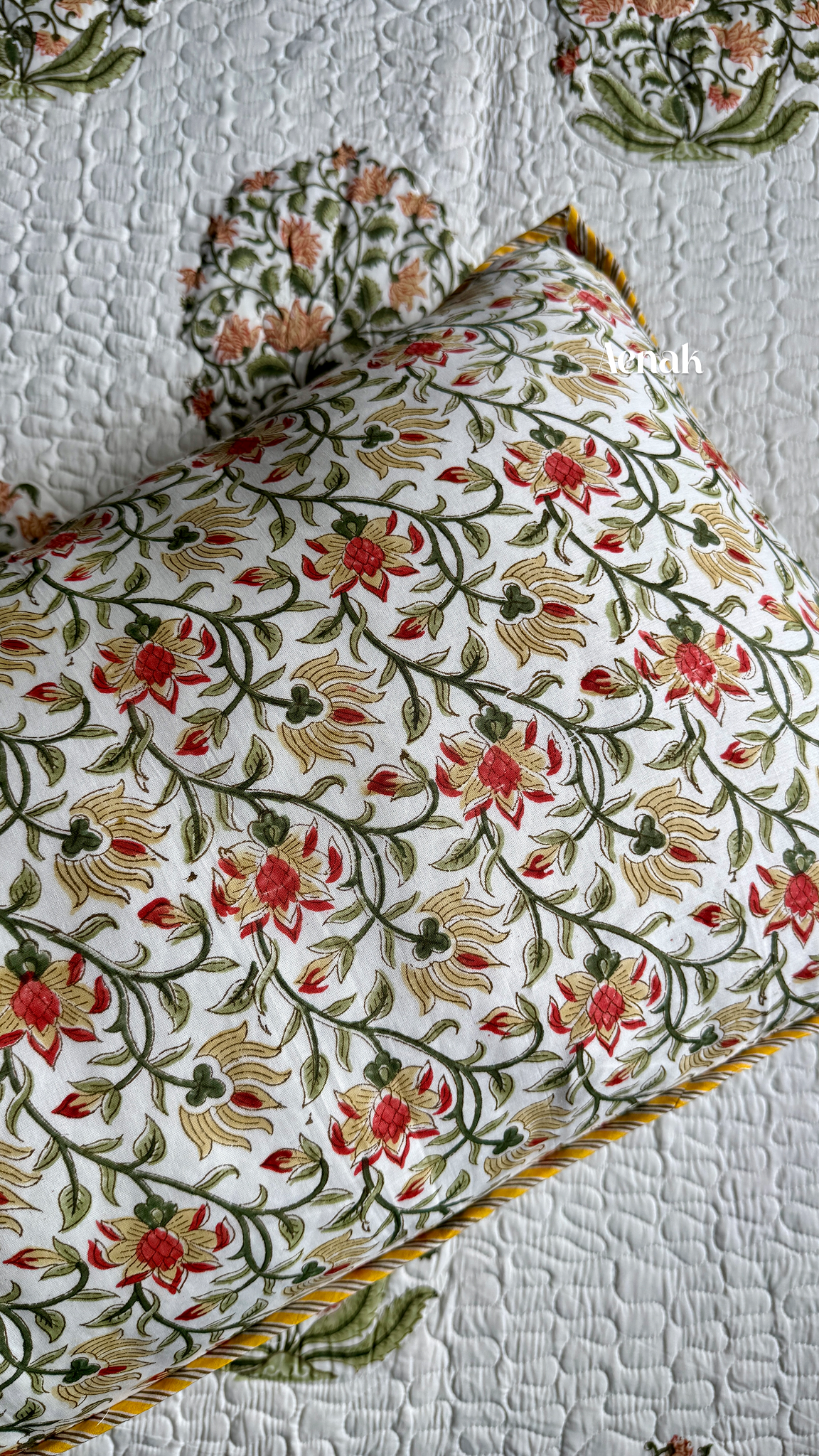 Yellow Phool Boota Handblock Printed Reversible Quilted Bedcover