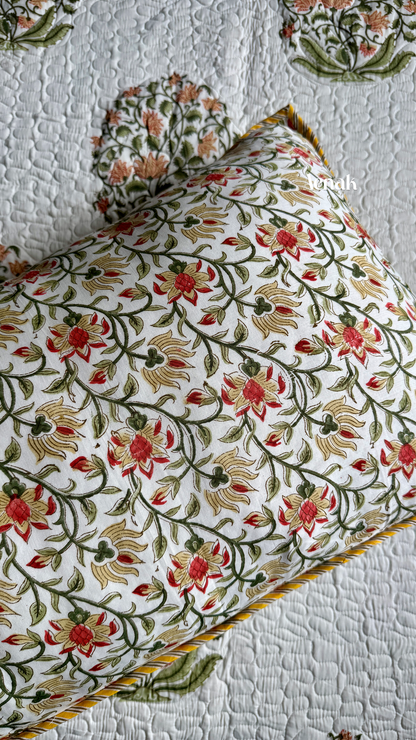 Yellow Phool Boota Handblock Printed Reversible Quilted Bedcover