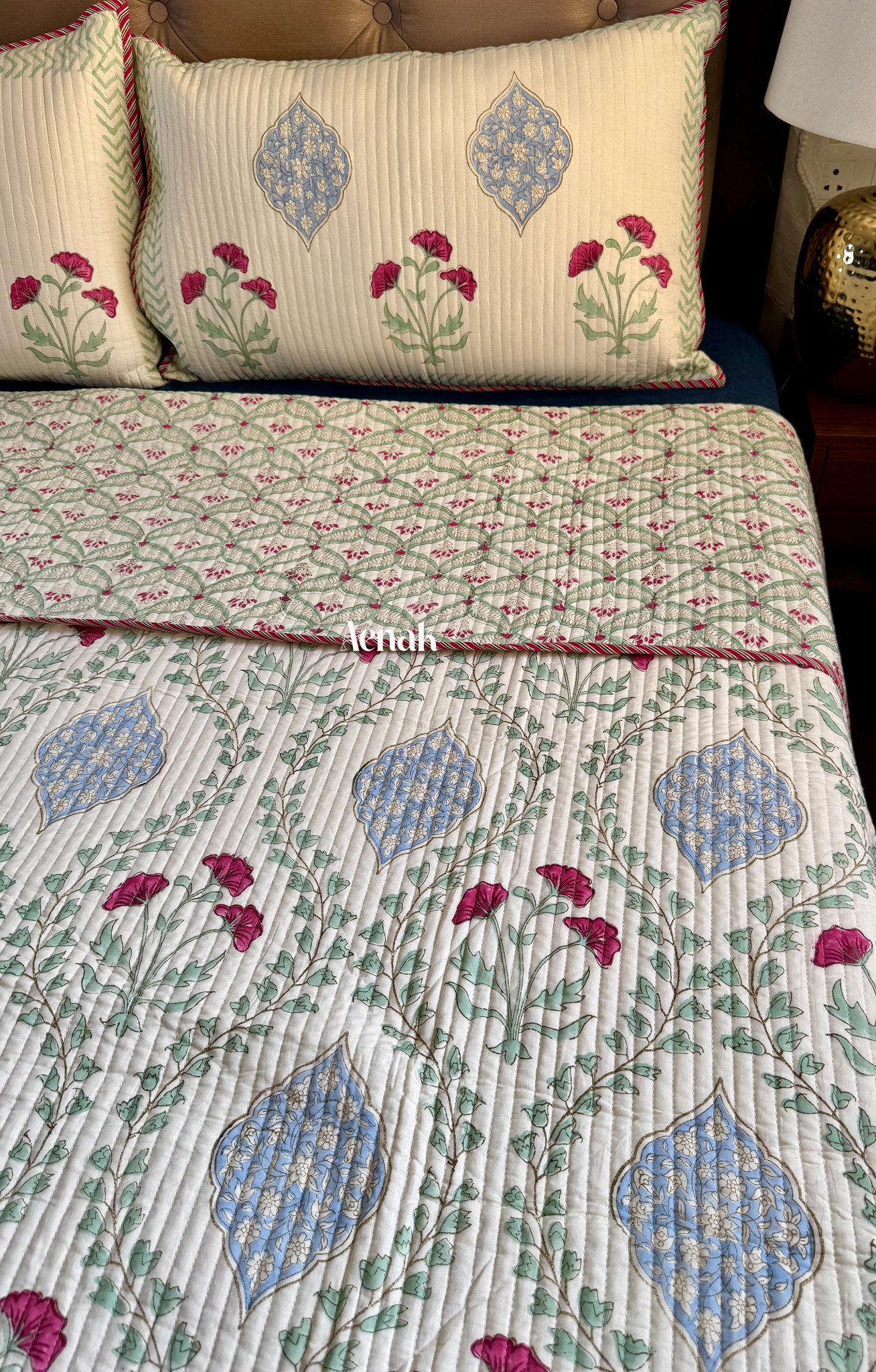 Pink Poppy Handblock Bedsheet + Quilted Bedcover Combo Set (Light Beige Base)