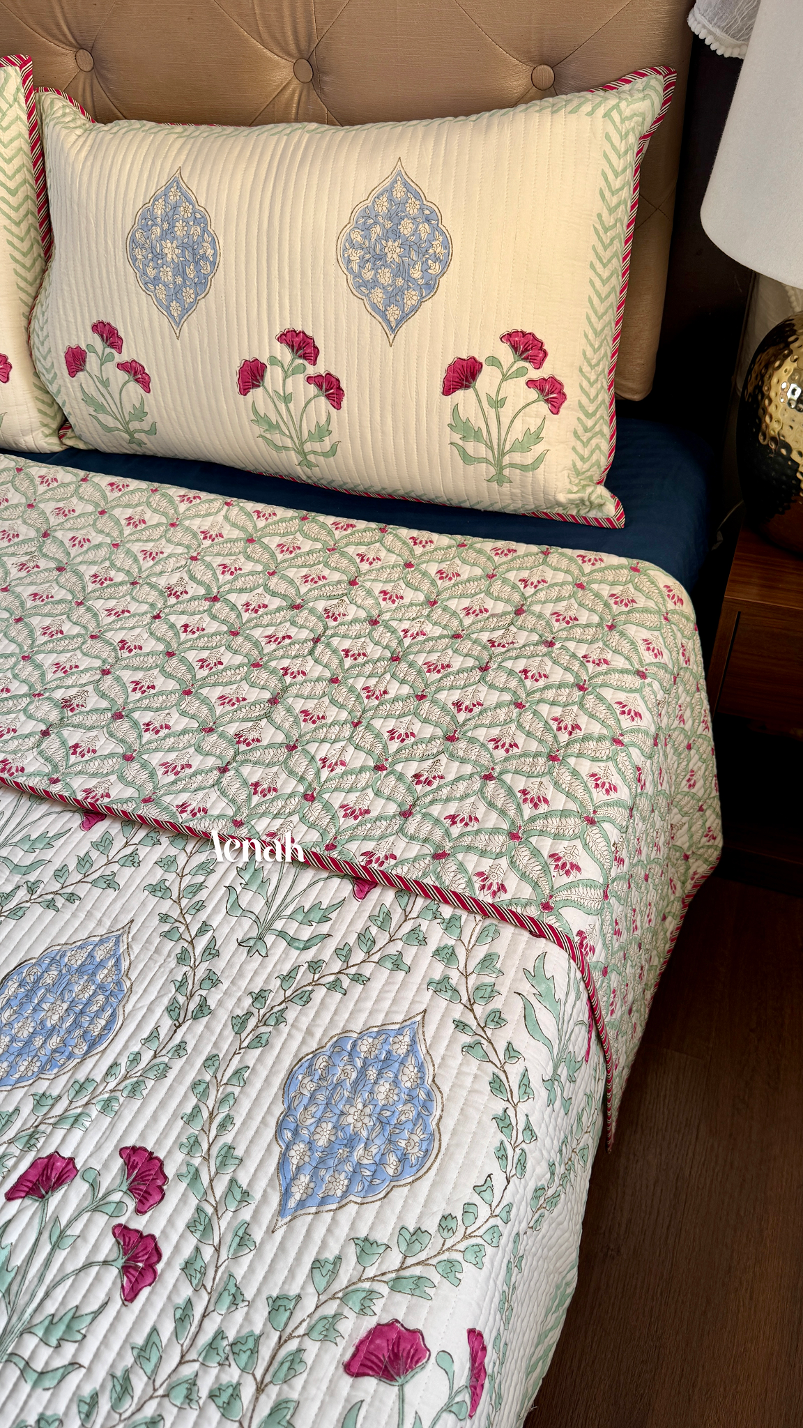 Pink Poppy Handblock Bedsheet + Quilted Bedcover Combo Set (Light Beige Base)