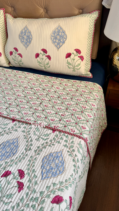 Pink Poppy Handblock Bedsheet + Quilted Bedcover Combo Set (Light Beige Base)