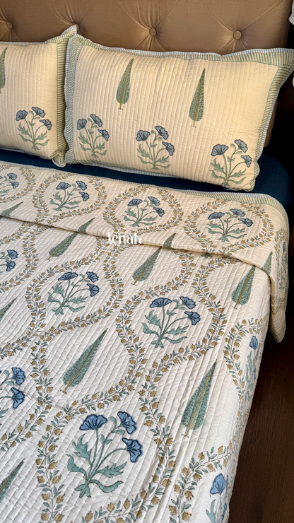 Blue Poppy Jaal Handblock Printed Reversible Straight Quilted Bedcover (Beige Base)