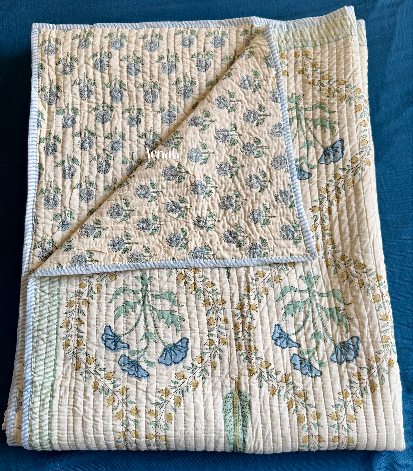 Blue Poppy Jaal Handblock Printed Reversible Straight Quilted Bedcover (Beige Base)