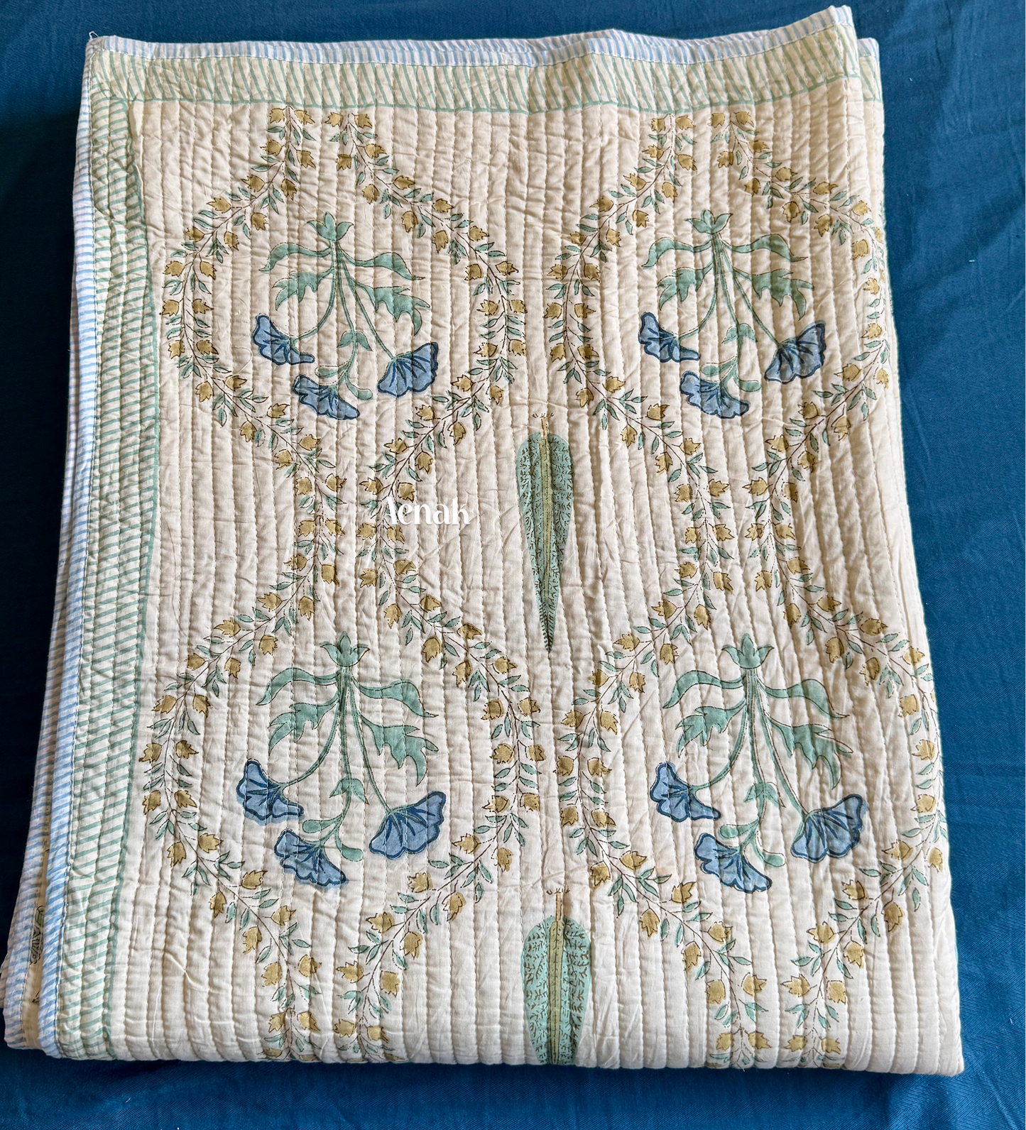 Blue Poppy Jaal Handblock Printed Reversible Straight Quilted Bedcover (Beige Base)